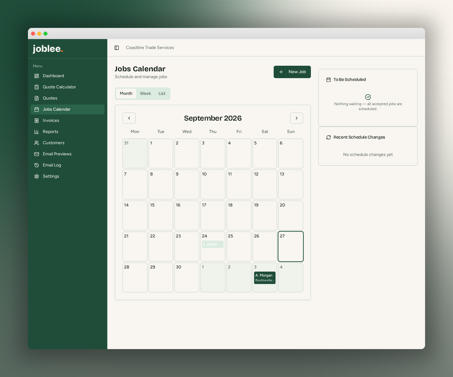 Jobs calendar in the Joblee app showing scheduled jobs