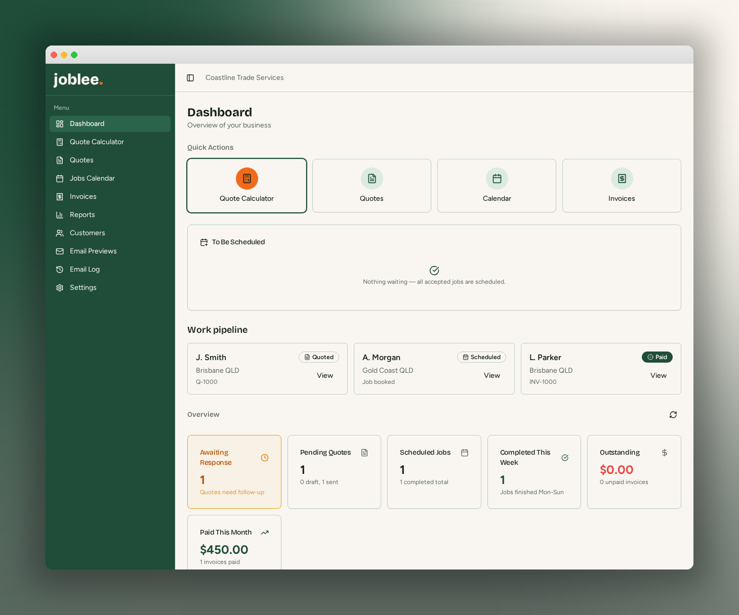 Joblee app dashboard showing jobs at Quoted, Scheduled and Paid statuses