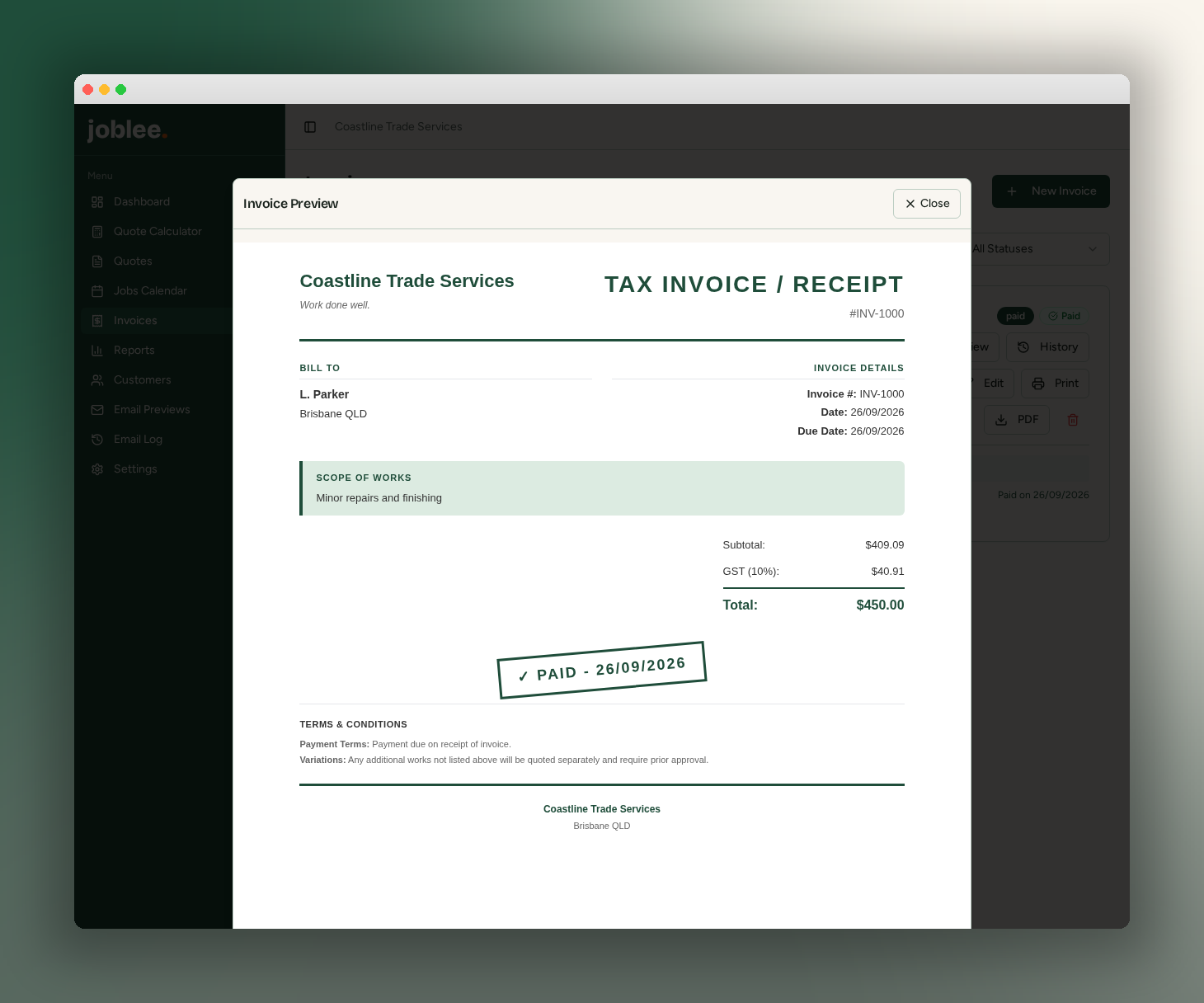 Paid tax invoice for Coastline Trade Services